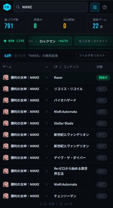 検索バーで絞り込んでいる様子(モバイル)