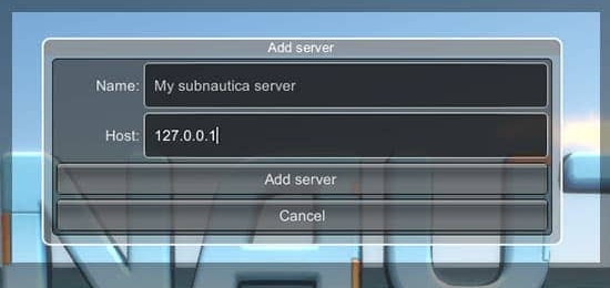 NitroxのAdd server画面。上のName欄は名前、下のHost欄は接続先IPを入力する
