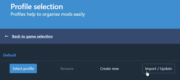 ThunderstoreのProfile selection画面全体。右下のImport / Updateから共有コードを読み込む