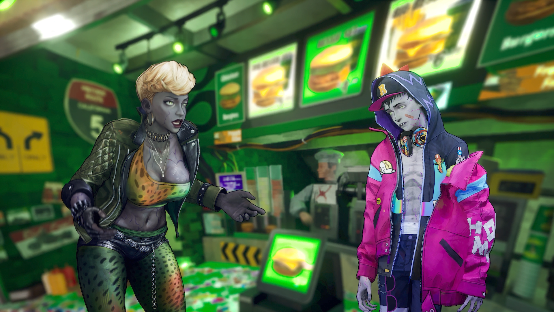 拠点のバーガーショップで話すベッシーとデイビィの公式ゲーム画面