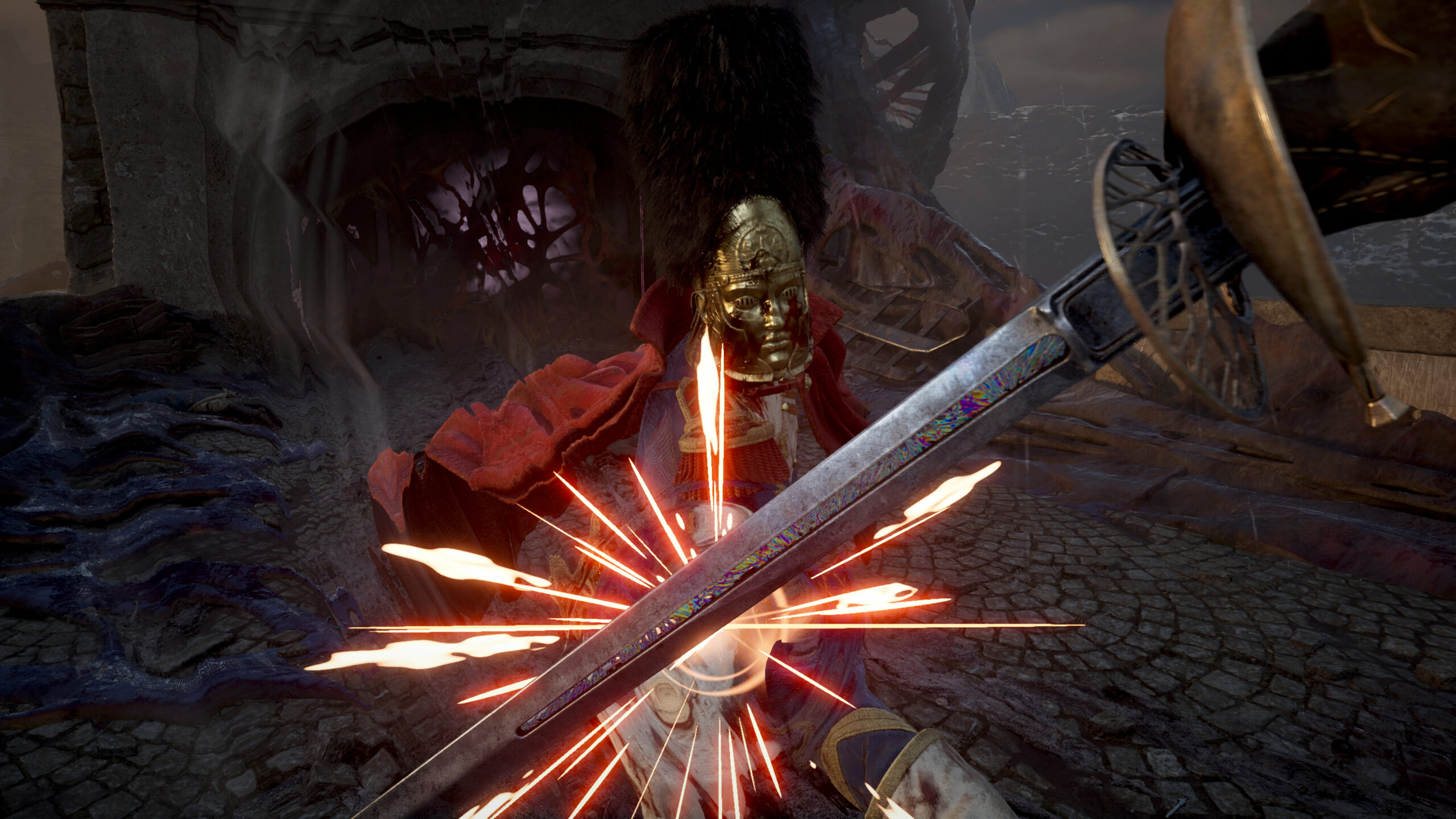 金色の仮面を着けた敵と、剣を交えるValor Mortisのゲーム画面