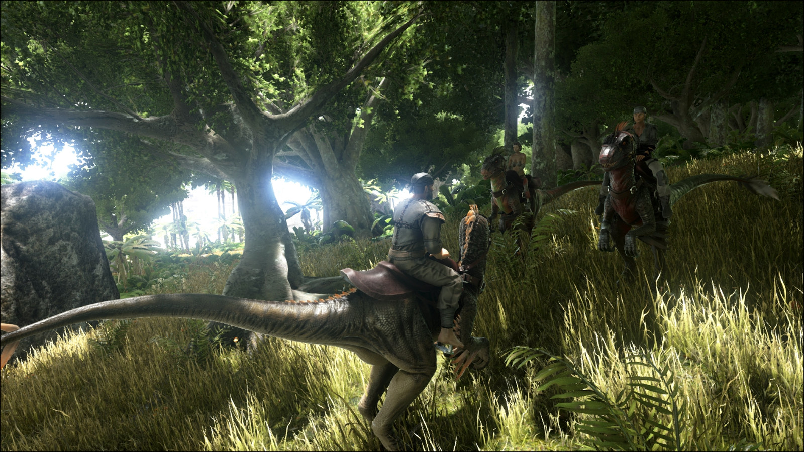 ARK Survival Evolvedで恐竜に乗って森に集まる三人のサバイバー