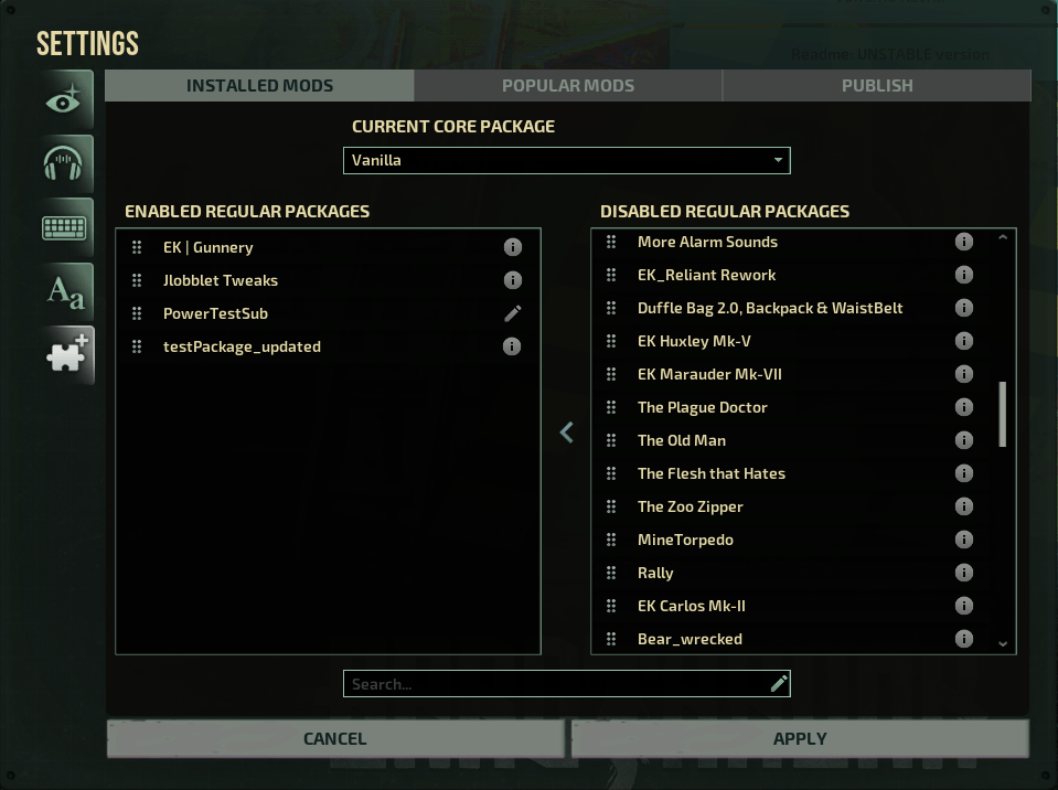 Enabled regular packagesとDisabled regular packagesが並ぶBarotraumaのMOD設定画面