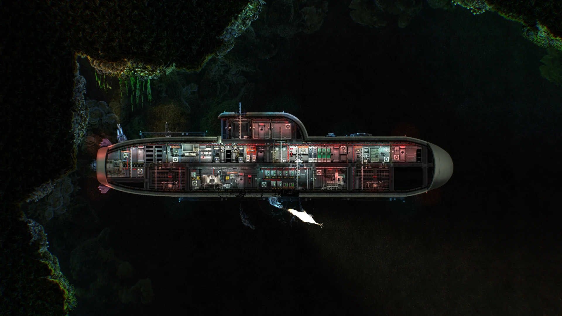 暗い海中を進む潜水艦の断面。Barotrauma公式プレス画像