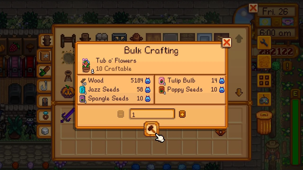 Better Craftingの一括作成画面で数量と必要材料を確認