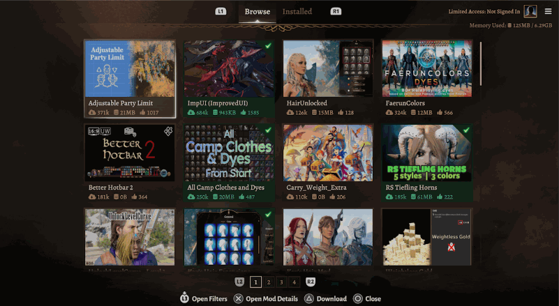 ゲーム内Mod ManagerのBrowseタブ。公式ガイドに掲載されたPS5版の画面