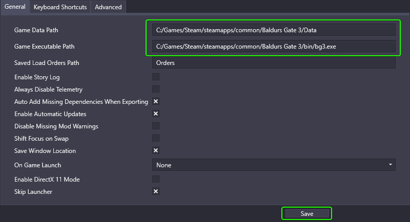 BG3 Mod ManagerのPreferencesで、Game Data PathとGame Executable Pathの入力欄が緑枠で示されている