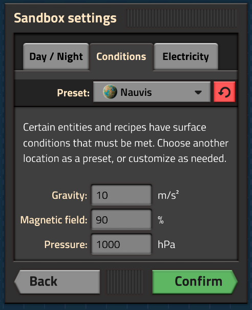 Blueprint SandboxesのConditions設定。惑星プリセットと重力・磁場・気圧の項目