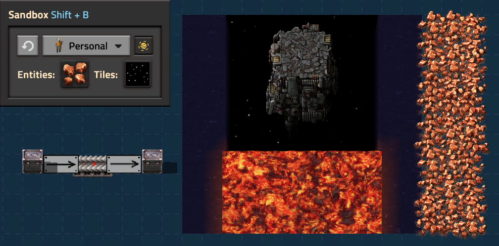 Blueprint Sandboxesの試作場。Sandboxの切り替えUIと無限チェスト、ベルト、ロケットサイロが並ぶ