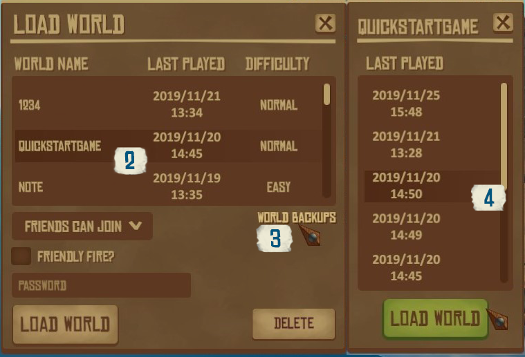 RaftのLoad World画面。World Backupsボタンと保存時点の一覧、Load Worldボタンが表示されている