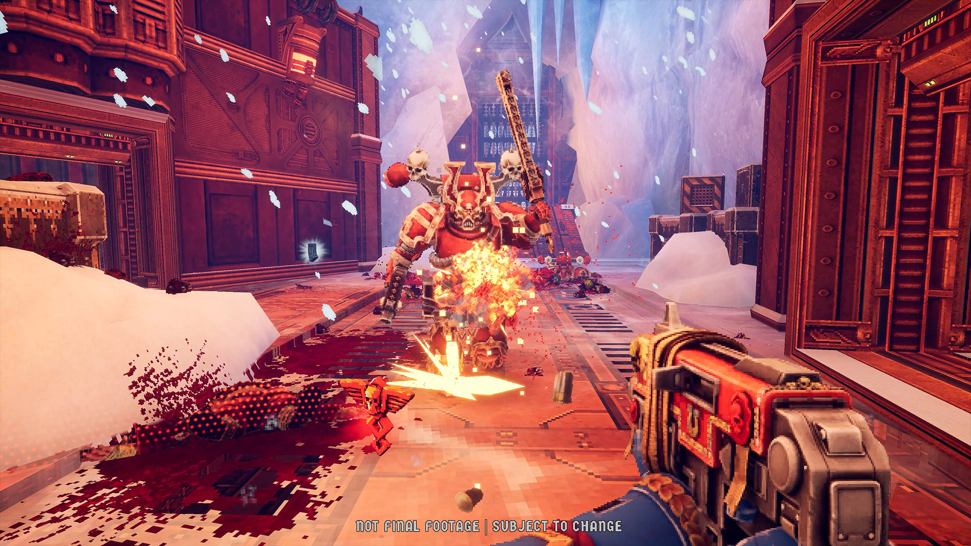 雪に覆われた施設でコーンの敵と戦うBoltgun 2の戦闘画面