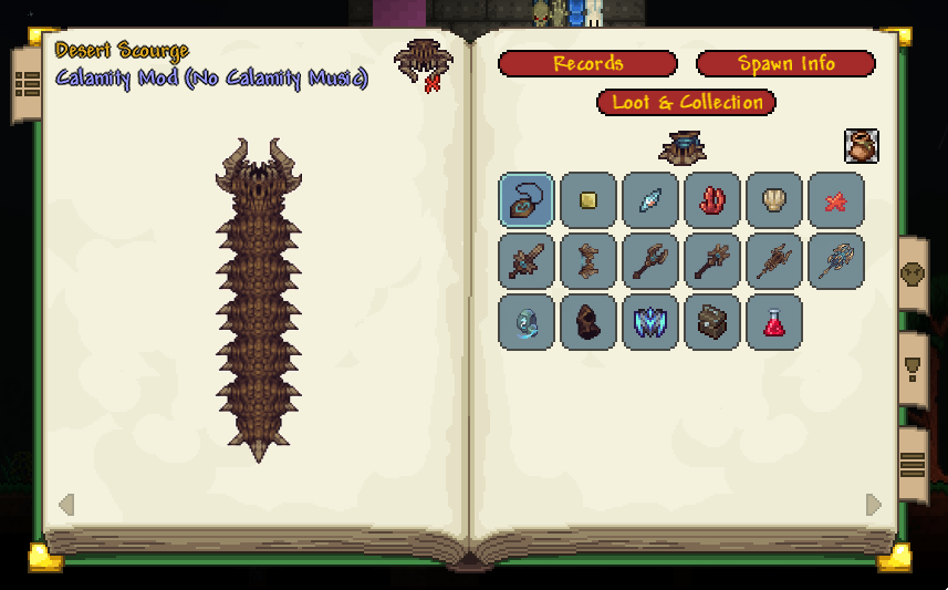 Desert Scourgeの姿と、戦利品や収集品を並べたBoss Logの作者公開画面
