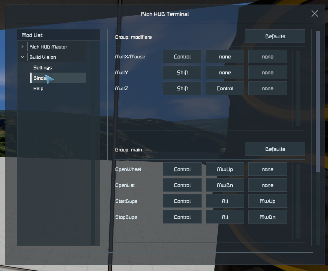 Rich HUD TerminalのBuild Vision、BindsでOpenWheelとOpenListなどのキー割り当てを表示した画面