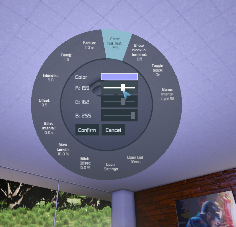 Build Visionの円形メニューでInterior LightのRGBスライダーとConfirm、Cancelを表示している画面