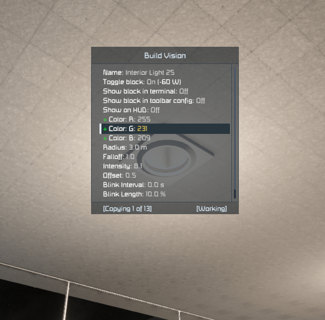 Interior Lightの名前、表示設定、RGB値、照明範囲などを縦に並べたBuild Visionのリスト画面