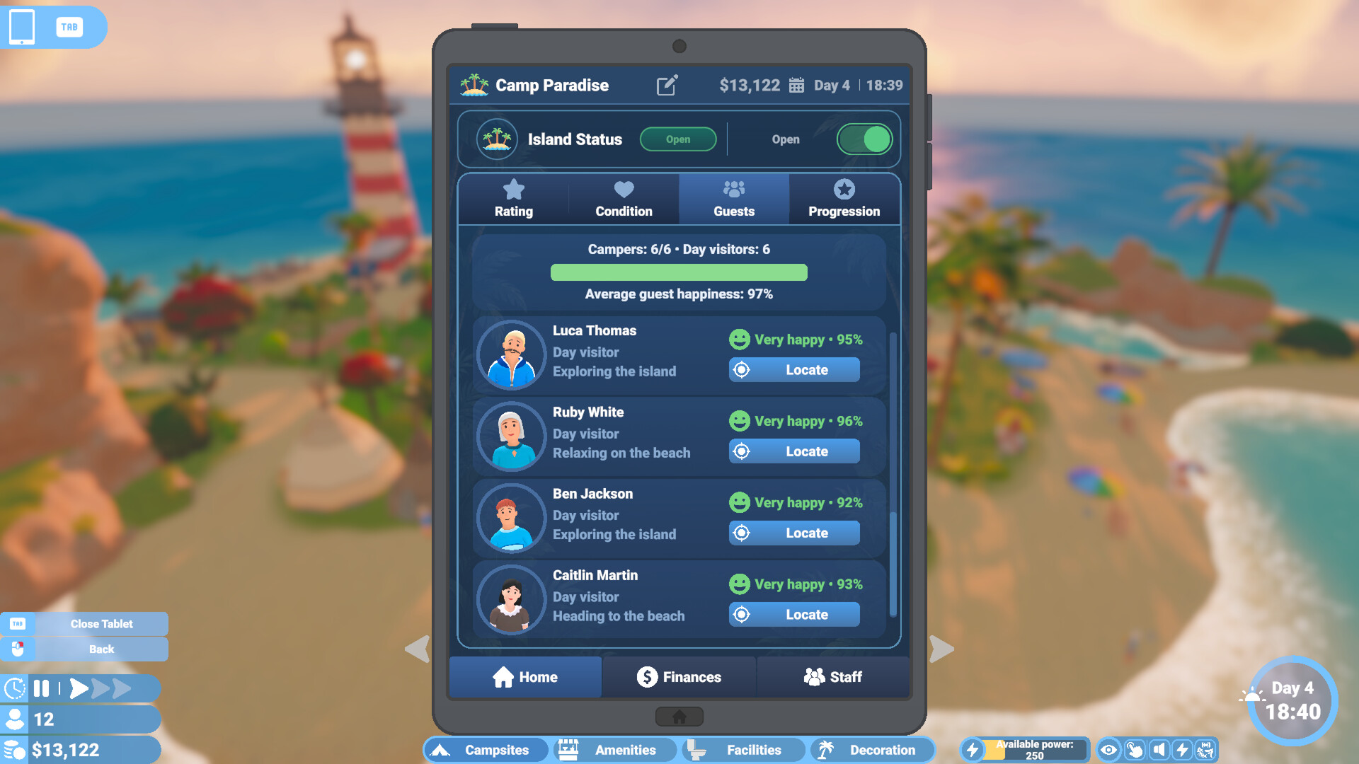 タブレットでキャンプ客や日帰り客の満足度を確認するCamp Paradiseの管理画面