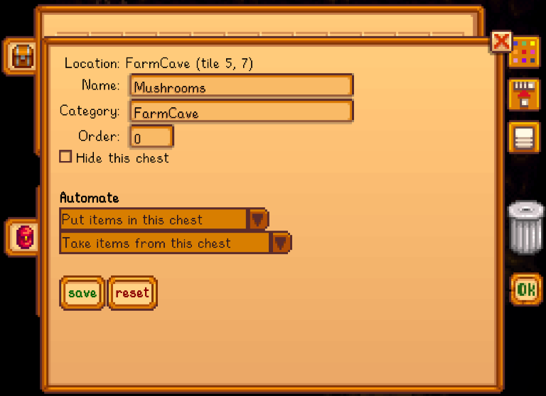 Chests AnywhereでチェストごとのAutomate入出力を設定する画面