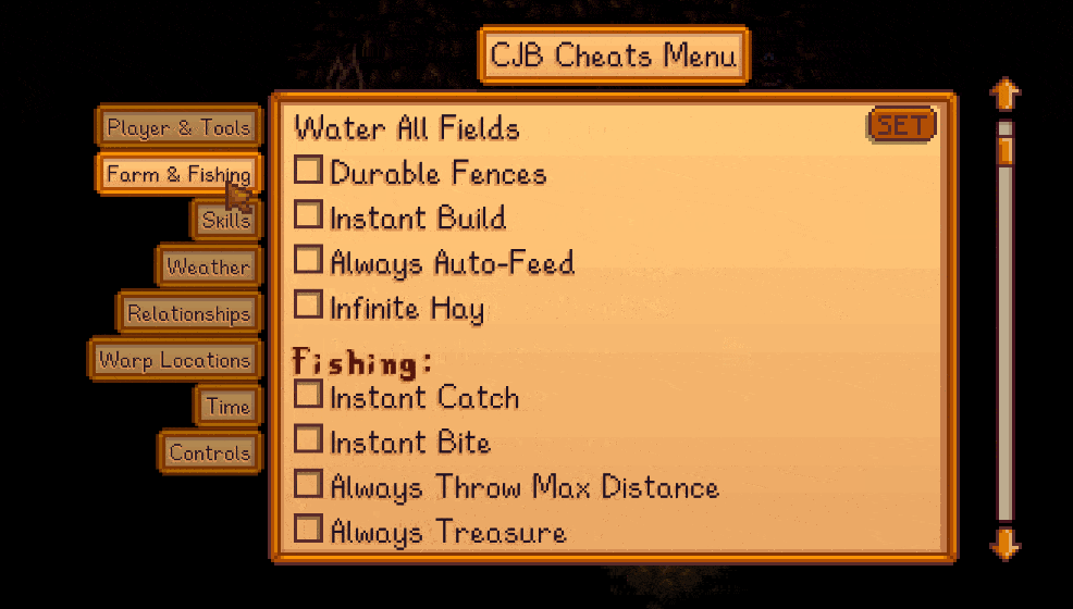 CJB Cheats Menuの英語表示例でInstant CatchとInstant Biteが並ぶ釣り設定