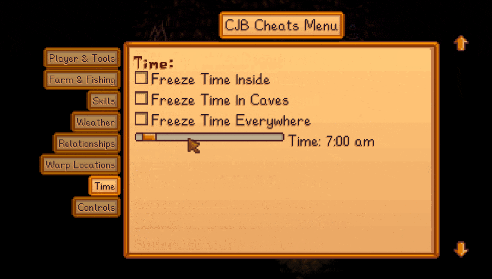 CJB Cheats Menuの英語表示例で時間停止と時刻の設定が並ぶ画面