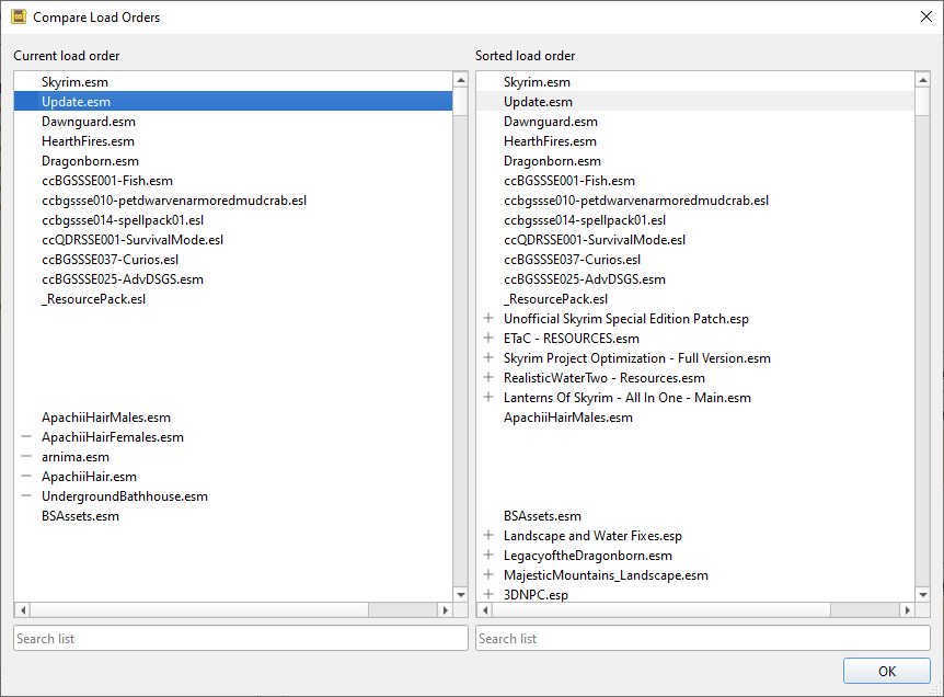 LOOTのCompare Load Orders画面。左のCurrent load orderと右のSorted load orderで変更箇所を比較している