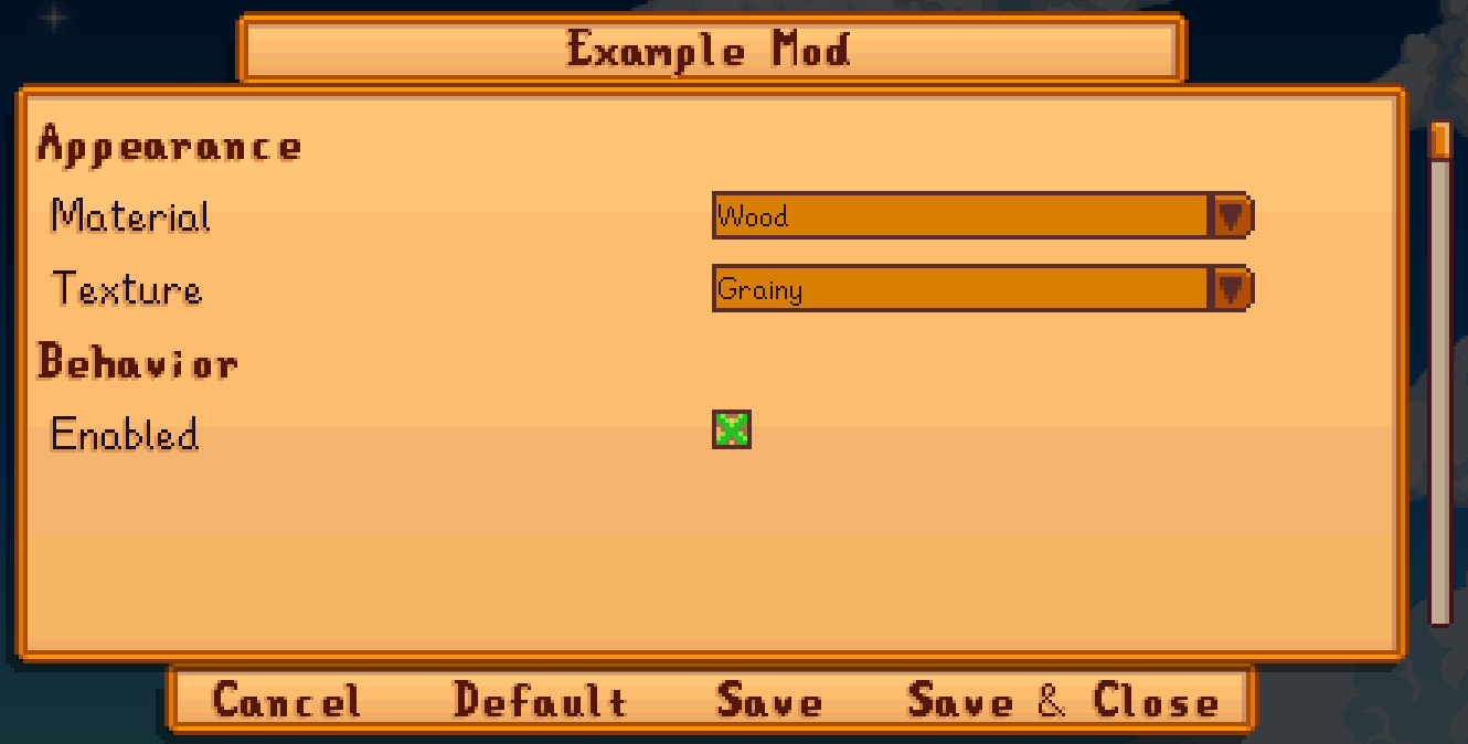Content Patcher作者が公開するExample Modの設定画面。AppearanceとBehaviorの項目が表示されている
