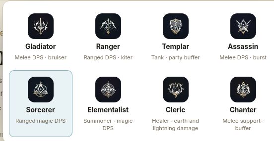 AION 2 Global - GuidesでSorcererなど8職から選ぶメニュー