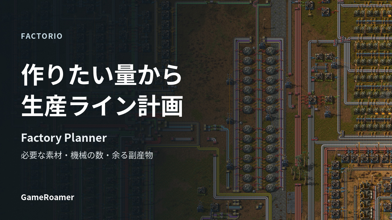 FACTORIOのゲーム画像を背景に「作りたい量から 生産ライン計画」と書かれたFactory Plannerの解説記事カバー
