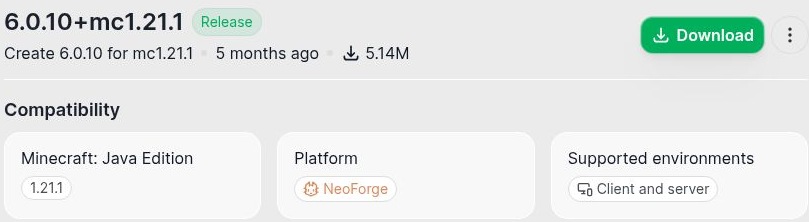 Create 6.0.10の配布画面。Minecraft Java版1.21.1、NeoForge、Client and serverの対応表示
