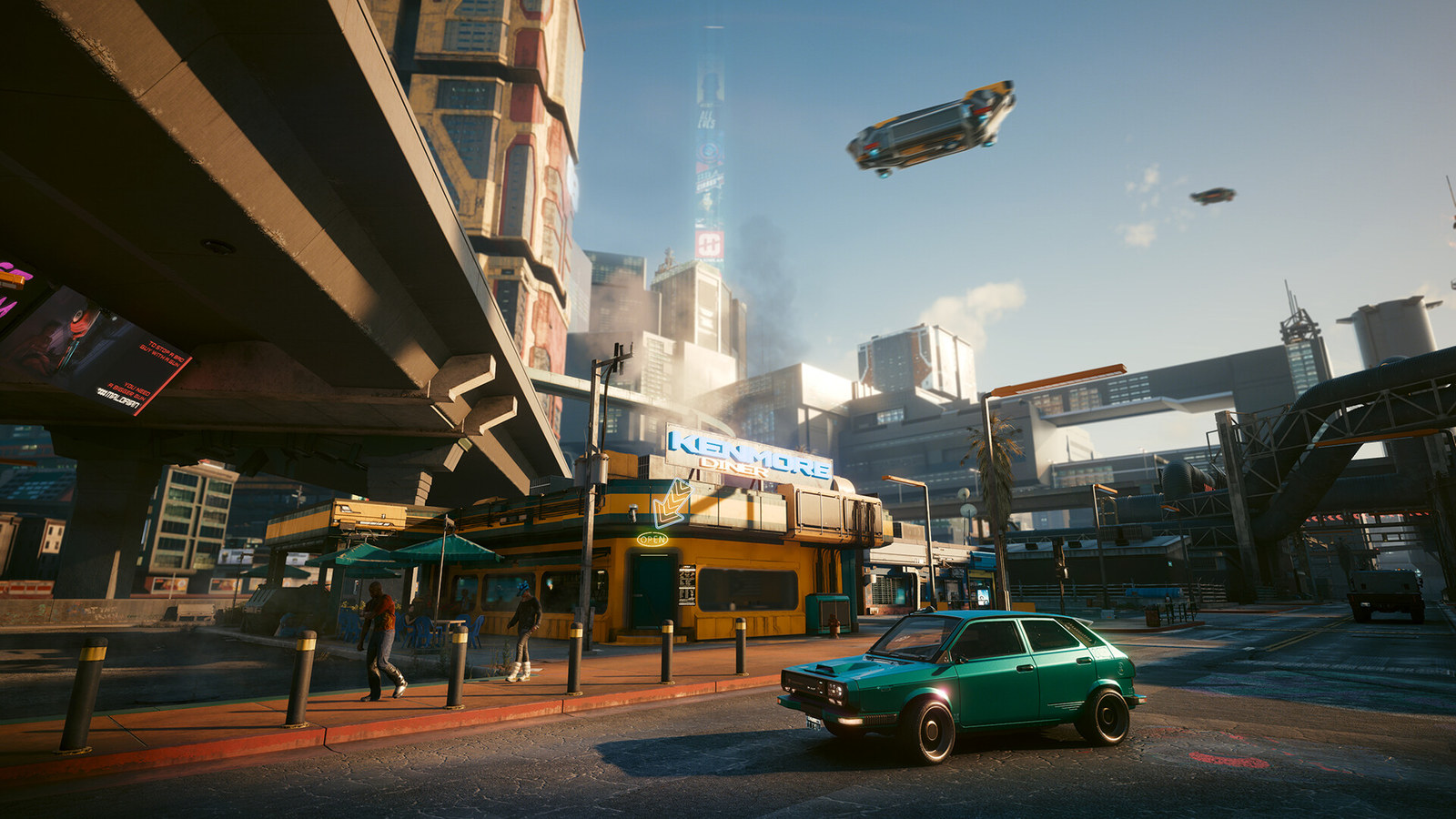 Cyberpunk 2077の高架と飲食店が並ぶナイトシティの通り