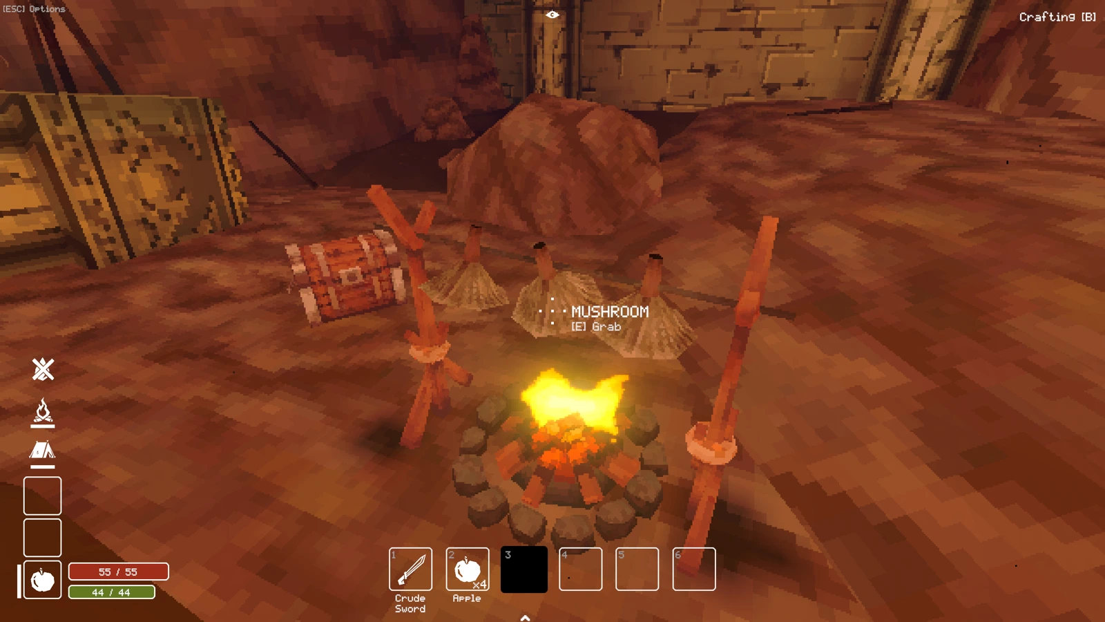 Deep Dish Dungeonで焚き火にキノコを置いて調理している場面