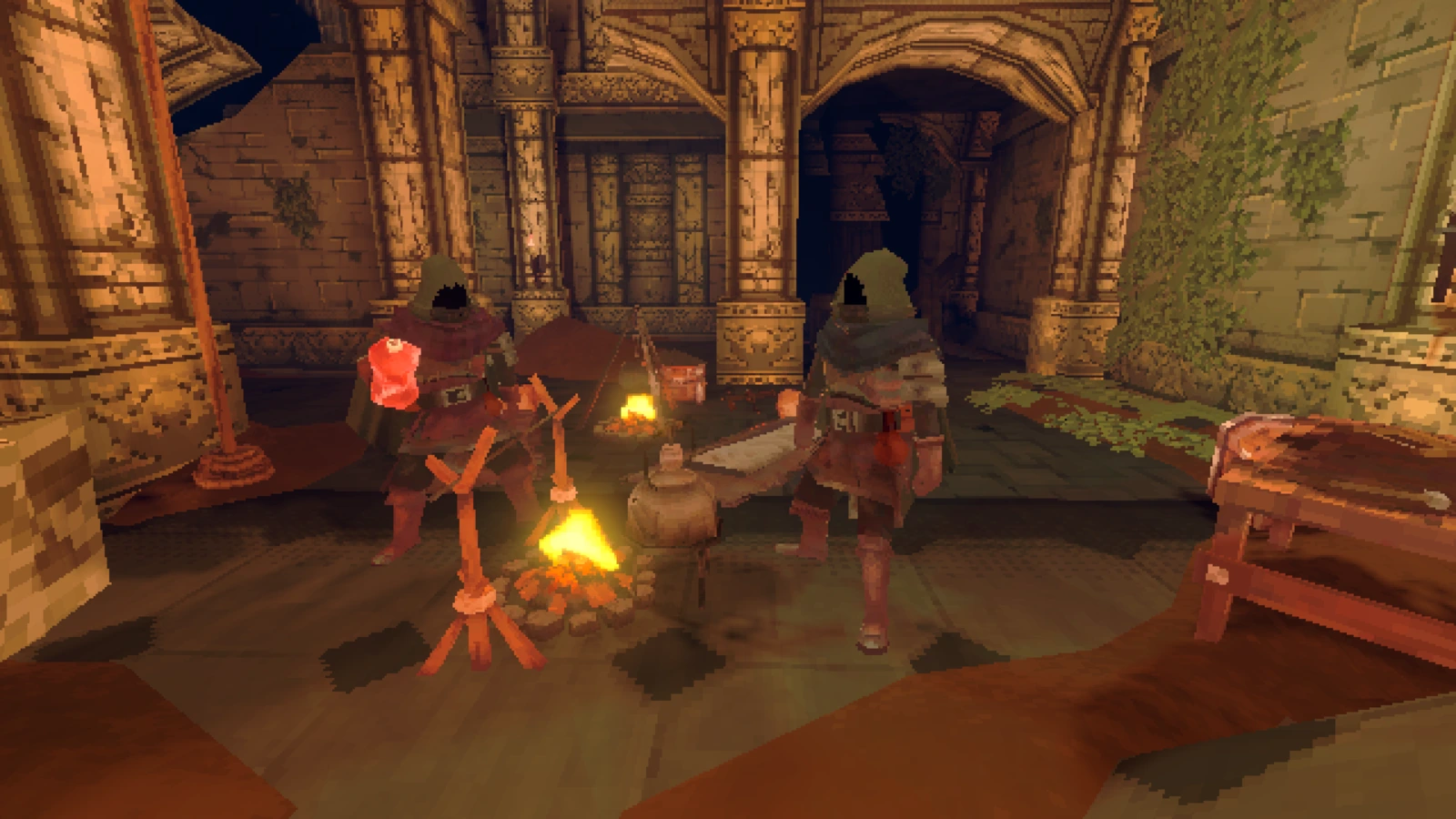 Deep Dish Dungeonの拠点で仲間が焚き火の前に集まっている場面