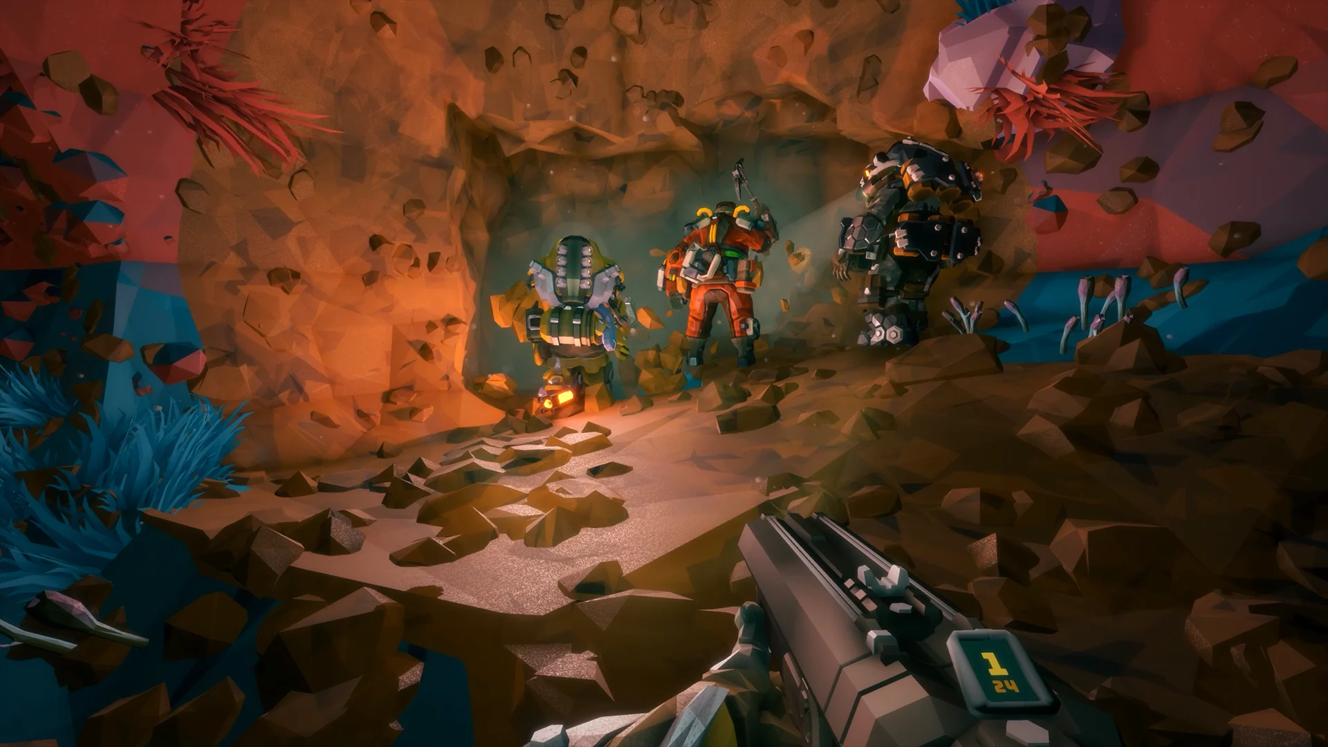 洞窟の壁を掘り進む仲間を一人称視点で見たDeep Rock Galacticの公式ゲーム画面
