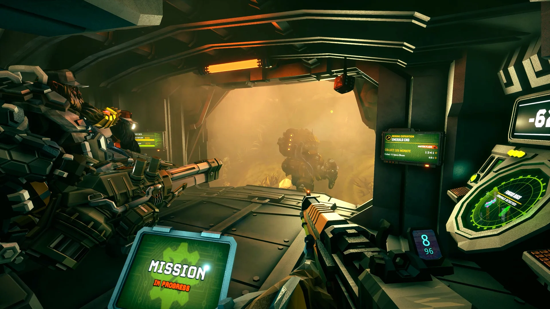 ドロップポッドから洞窟へ出発する仲間たちを一人称視点で見たDeep Rock Galacticの公式ゲーム画面