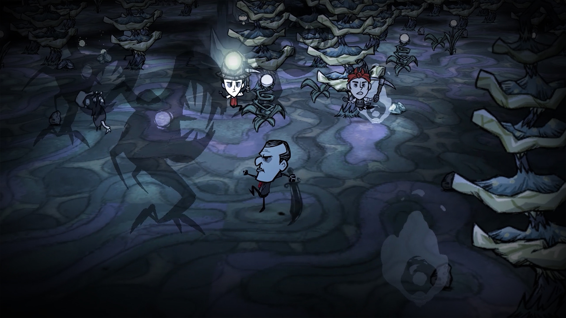 Don’t Starve Togetherの洞窟を仲間と探索する場面