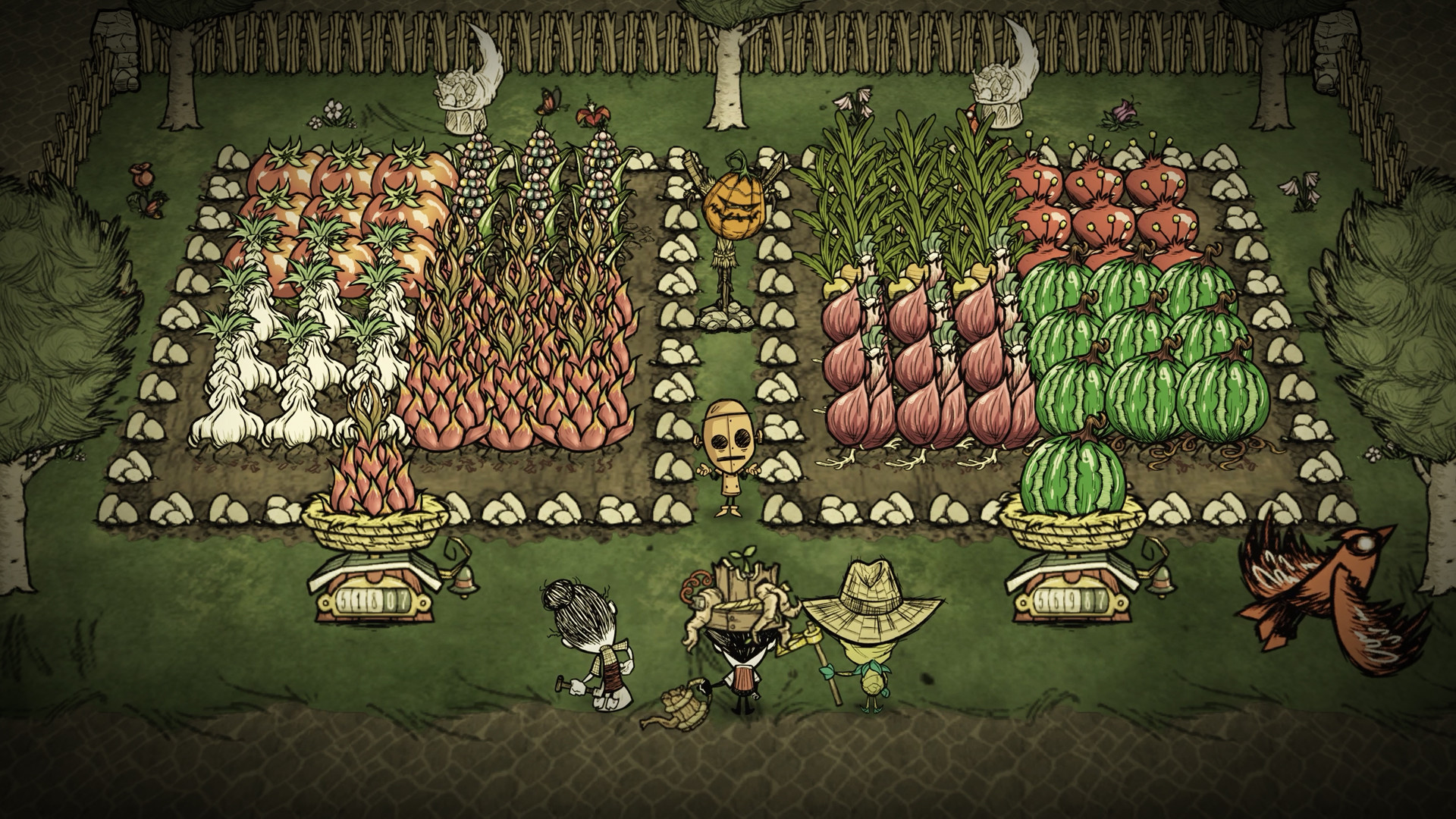 さまざまな作物の育つ畑で過ごすDon’t Starve Togetherのキャラクターたち