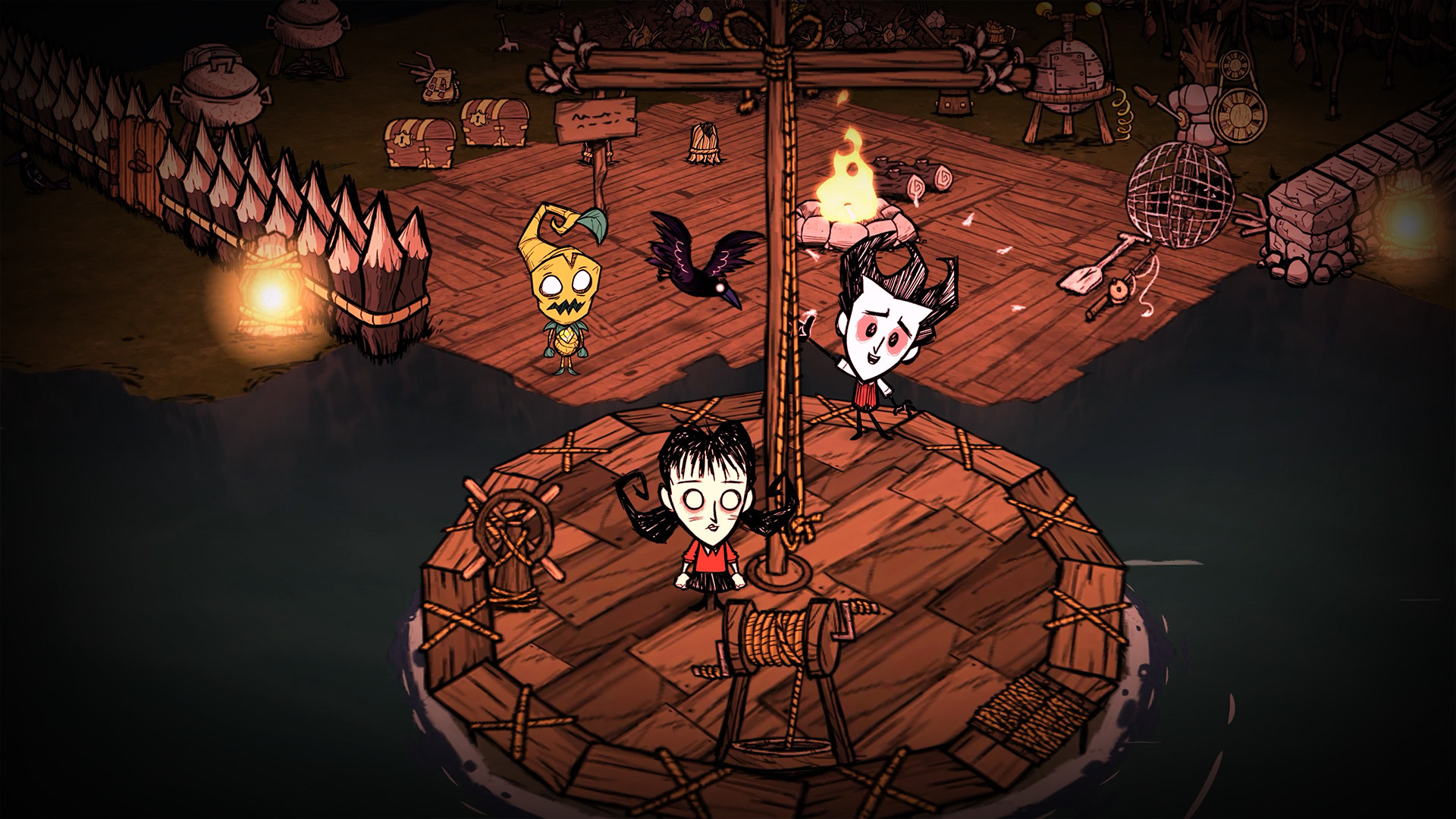 Don’t Starve Togetherで仲間と船に乗り込んだ場面