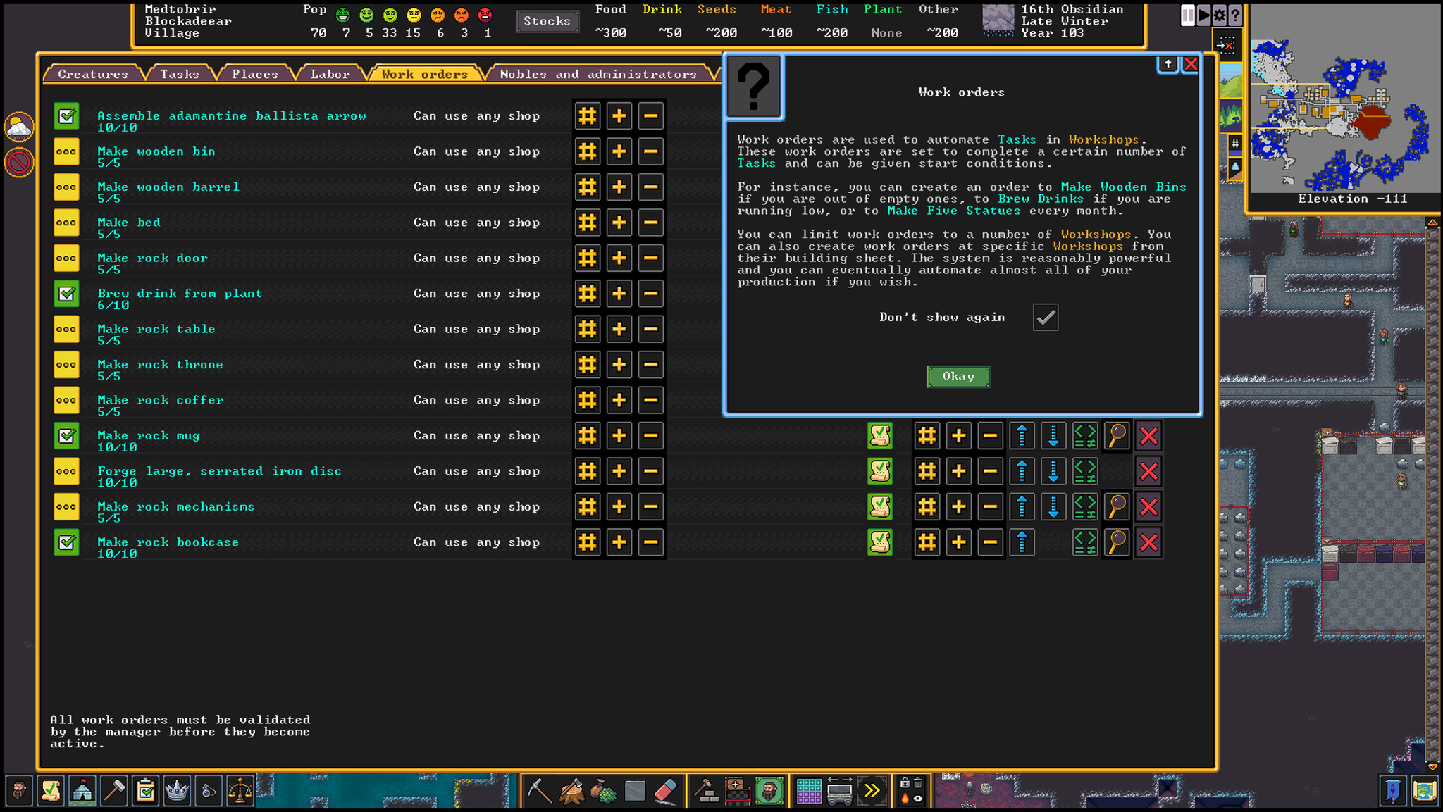 Dwarf FortressのWork orders画面。ベッドや扉などの製作注文が並ぶ