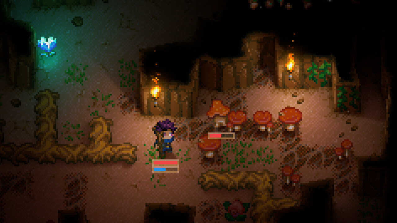 Enemy Health Barsの作者公開画像。キノコ型の敵とプレイヤーの下に体力などのバーが表示されている