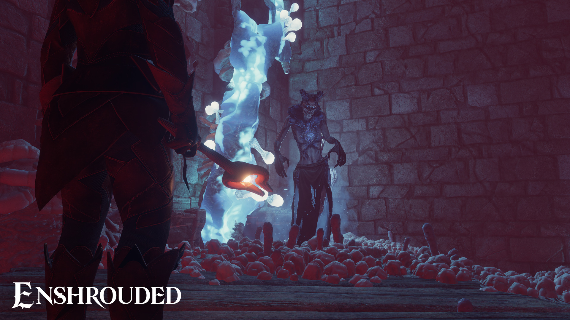 ワンドを構えるキャラクターと敵。Enshrouded公式の早期アクセス期スクリーンショット