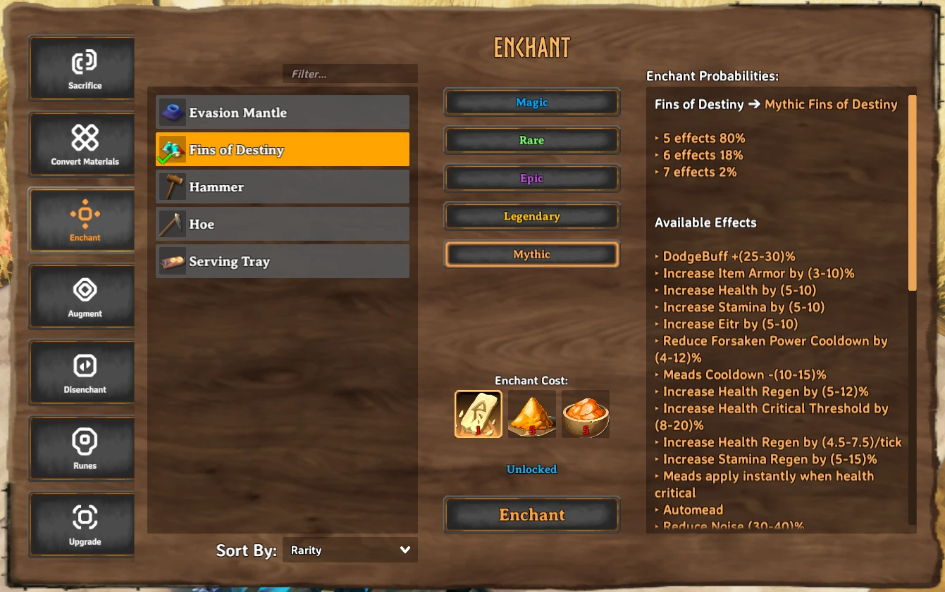 装備、レア度、必要素材、候補効果を並べたEpic LootのEnchant画面