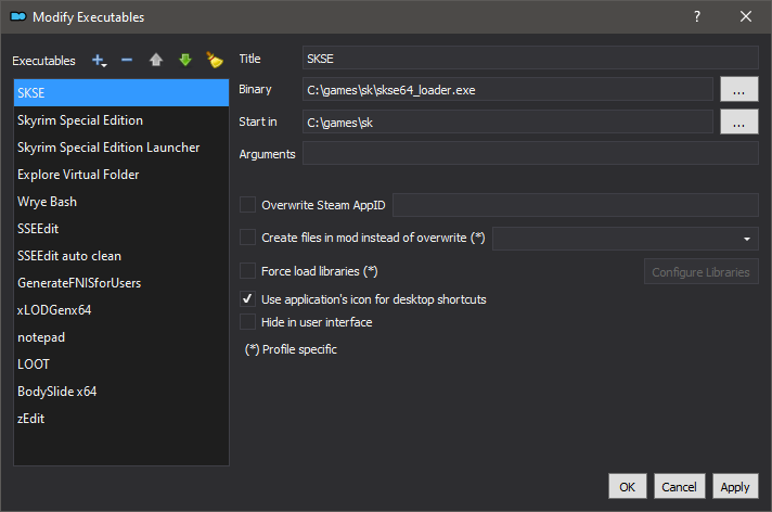 MO2のModify Executables画面。Create files in mod instead of overwriteの設定とProfile specificの注記が見える