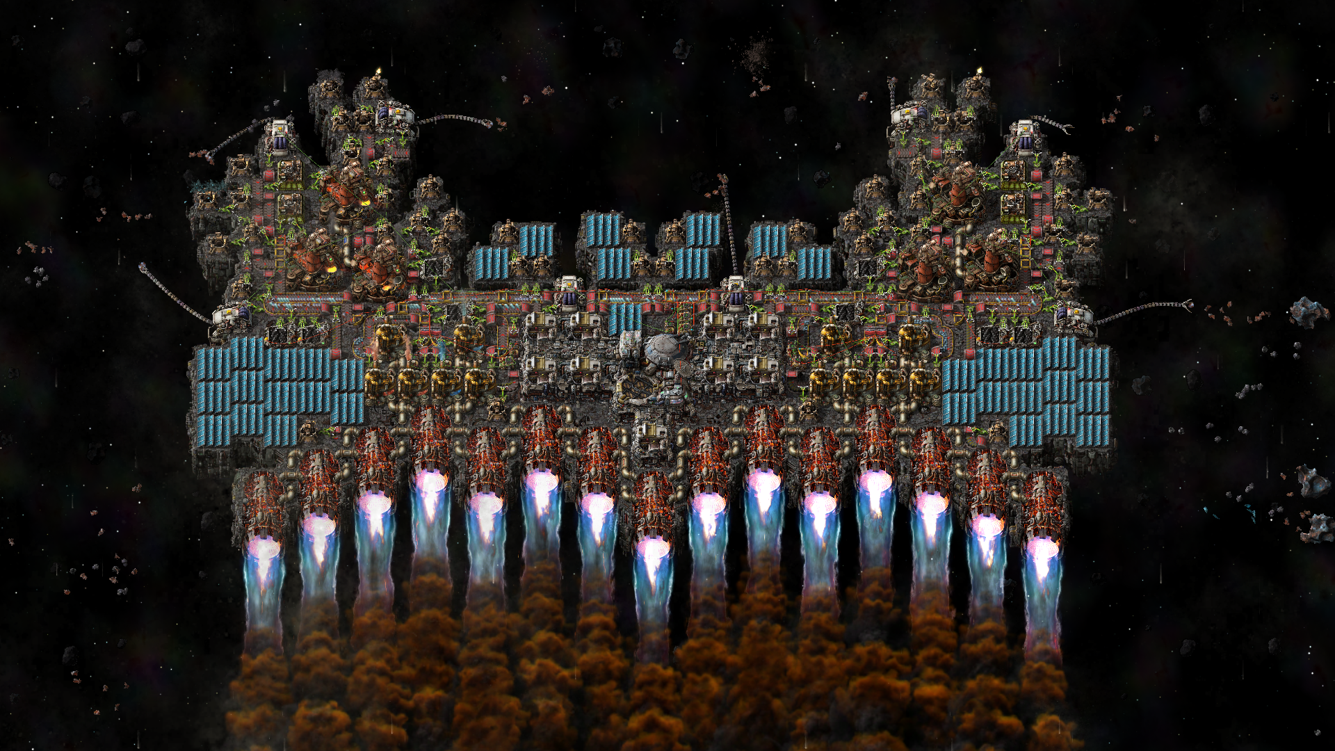 スラスターを動かして宇宙を進むFactorio Space Ageのプラットフォーム