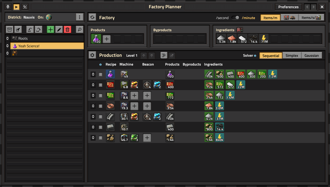 Factory Plannerで毎分120個の生産サイエンスパックと必要な素材や機械を並べた作者の計画画面