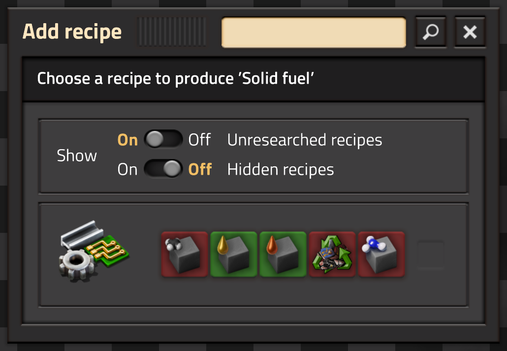 固形燃料を作る複数のレシピと未研究レシピの表示切り替えを示すFactory Plannerの作者画面