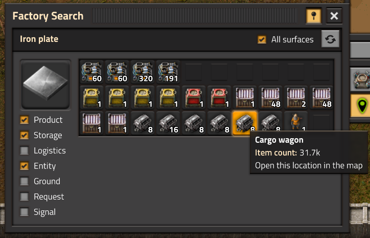 貨車グループの数8と、鉄板のItem count 31.7kを別々に表示したFactory Searchの旧バージョンの画面