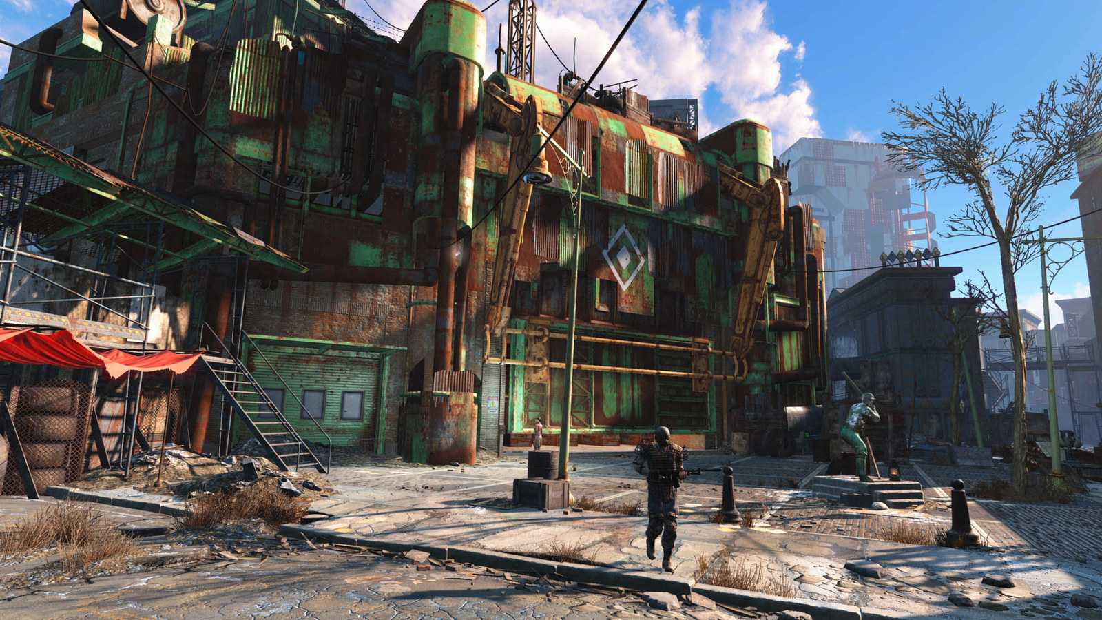 Fallout 4のダイヤモンドシティ入口と街を歩く人物