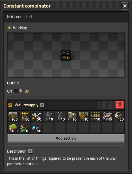 Wall resupplyという名前付き資材セットを選んだFactorioの定数回路画面