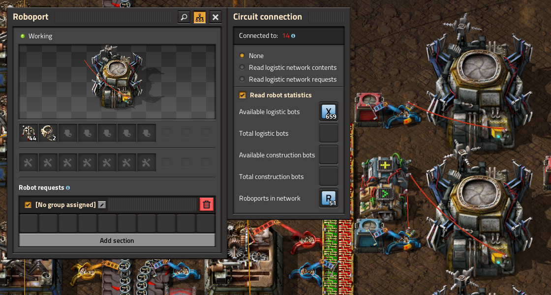 ロボットの格納枠と稼働状態が見えるFactorioのロボットステーション画面