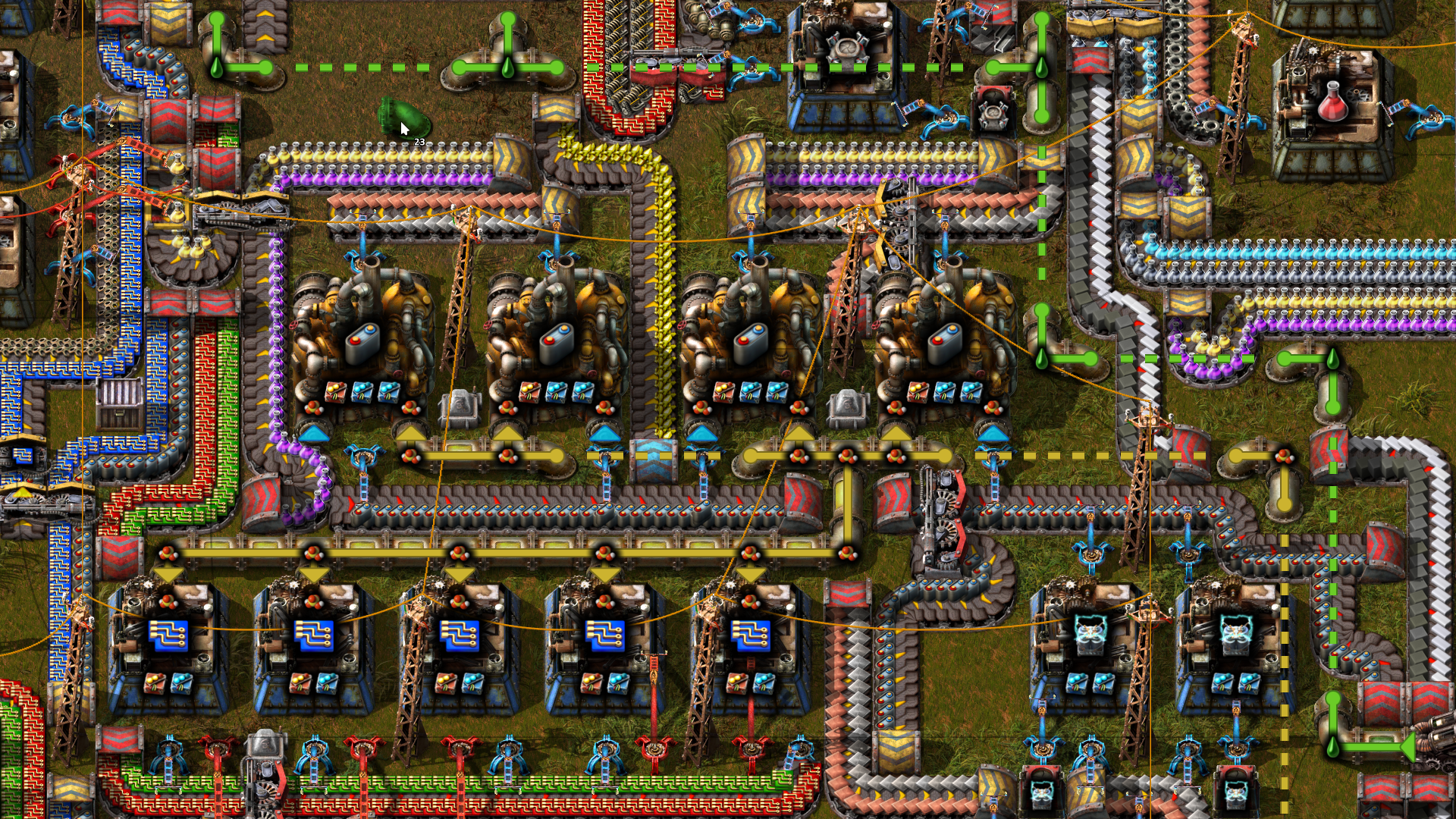 Factorioで流体ごとの色を使って地下配管の接続を表示した工場