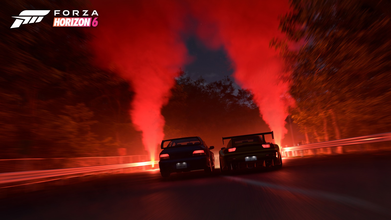 Forza Horizon 6で夜の峠を並走する2台の車